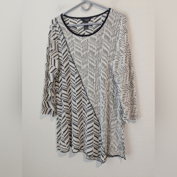 Ali Miles Black White Patterned Asymmetric 3/4 Sleeve Tunic LG Lagenlook Artsy - Picture 3 of 8